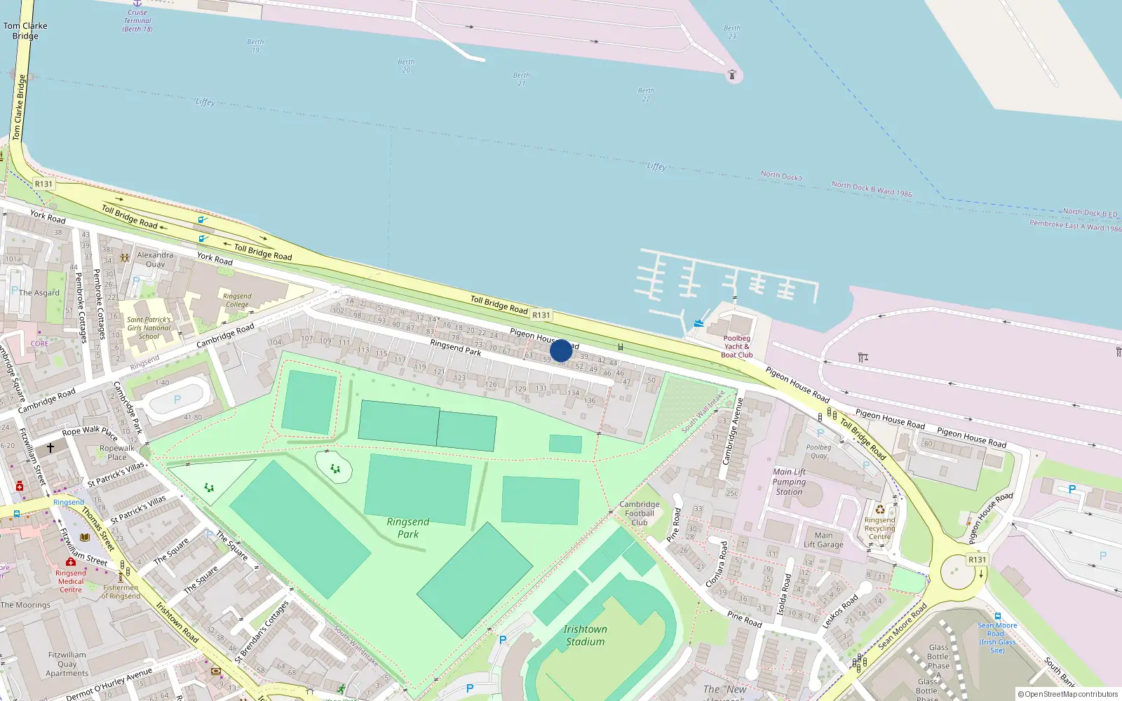 Overhead map showing the location of 35 Pigeon House Road, Dublin