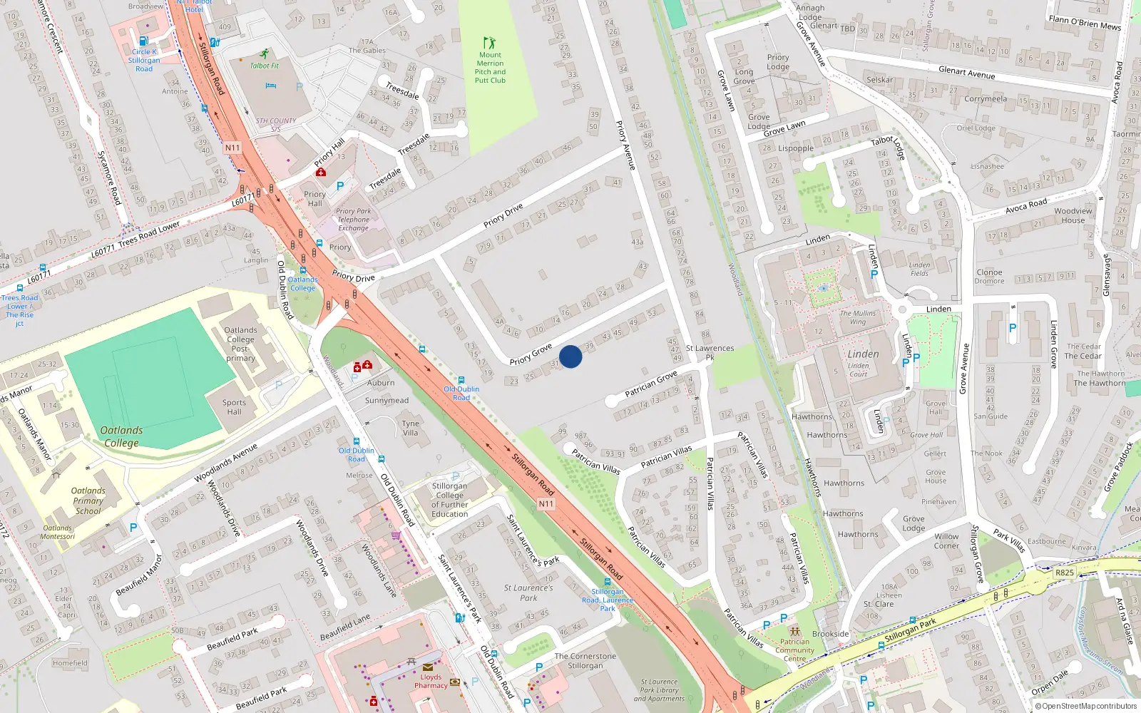 Overhead map showing the location of 35 Priory Grove, Stillorgan, Dublin