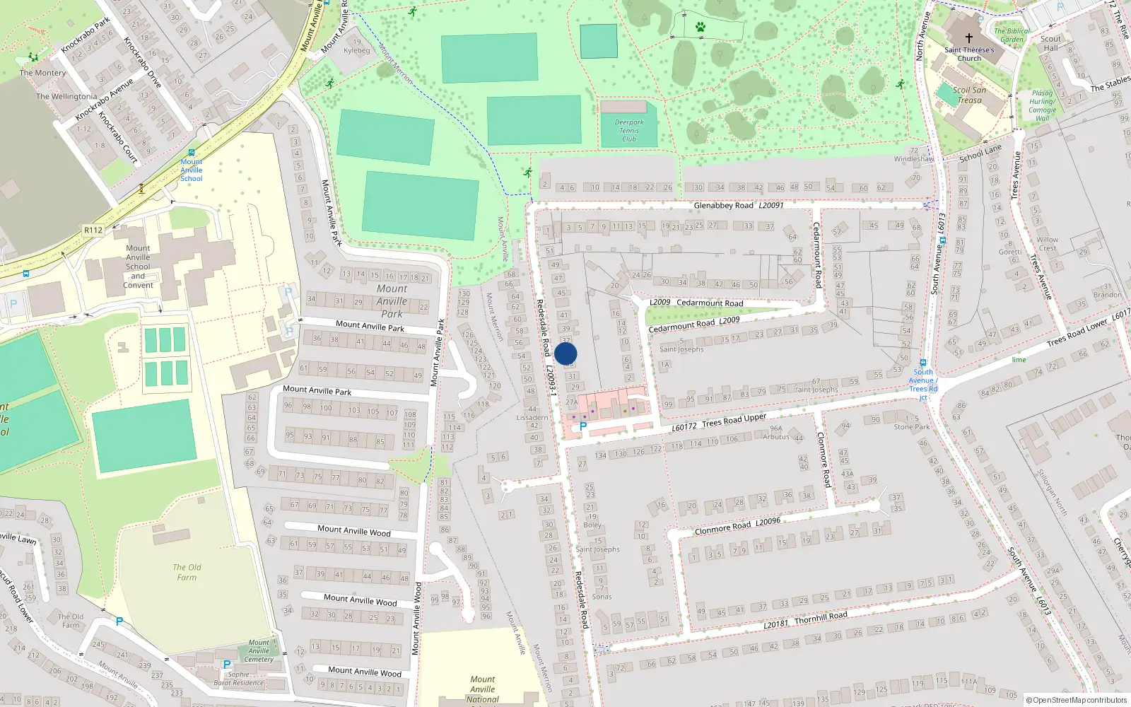Overhead map showing the location of 35 Redesdale Road, Mount Merrion, Dublin