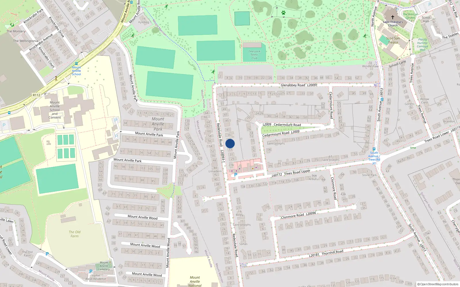Overhead map showing the location of 35 Redesdale Road, Blackrock