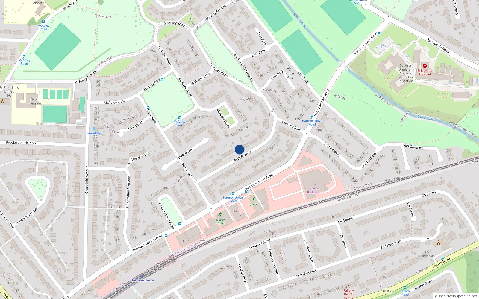 Overhead map showing the location of 35 Ribh Avenue, Dublin 5