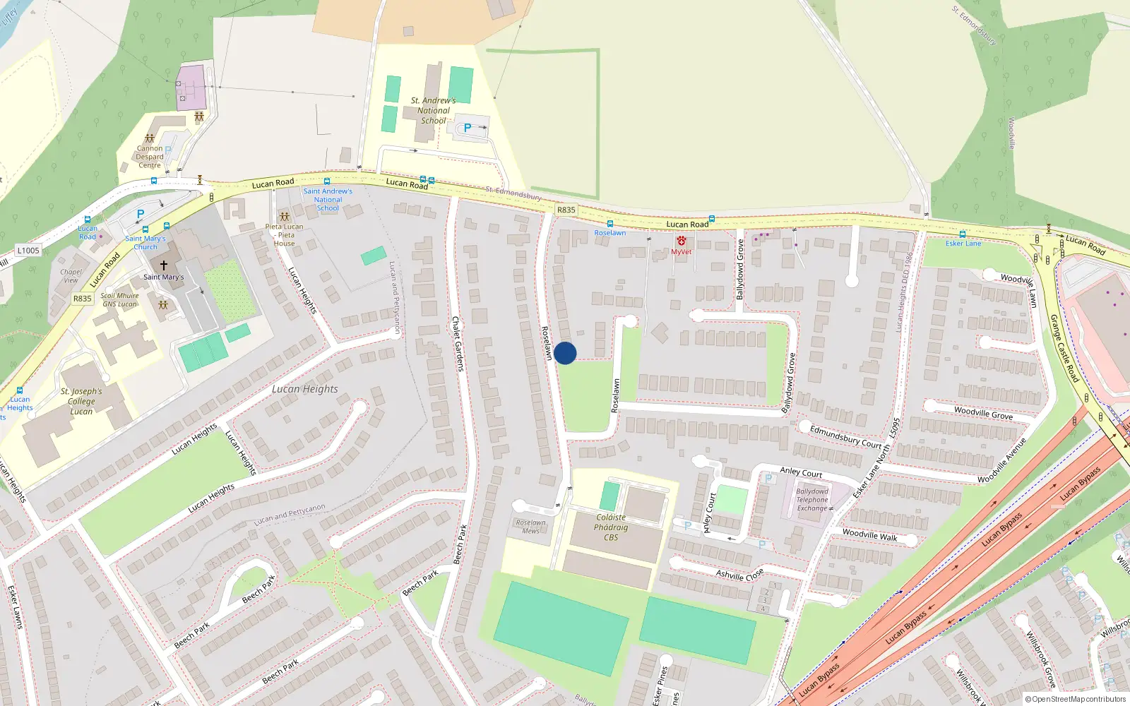 Overhead map showing the location of 35 Roselawn, Lucan, Dublin