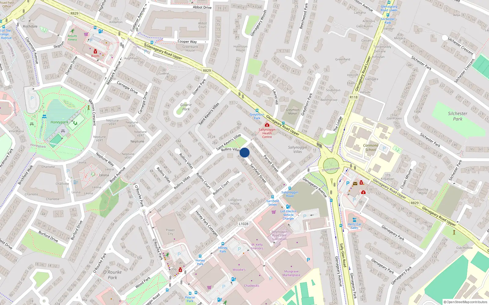 Overhead map showing the location of 35 Sarsfield Street, Sallynoggin