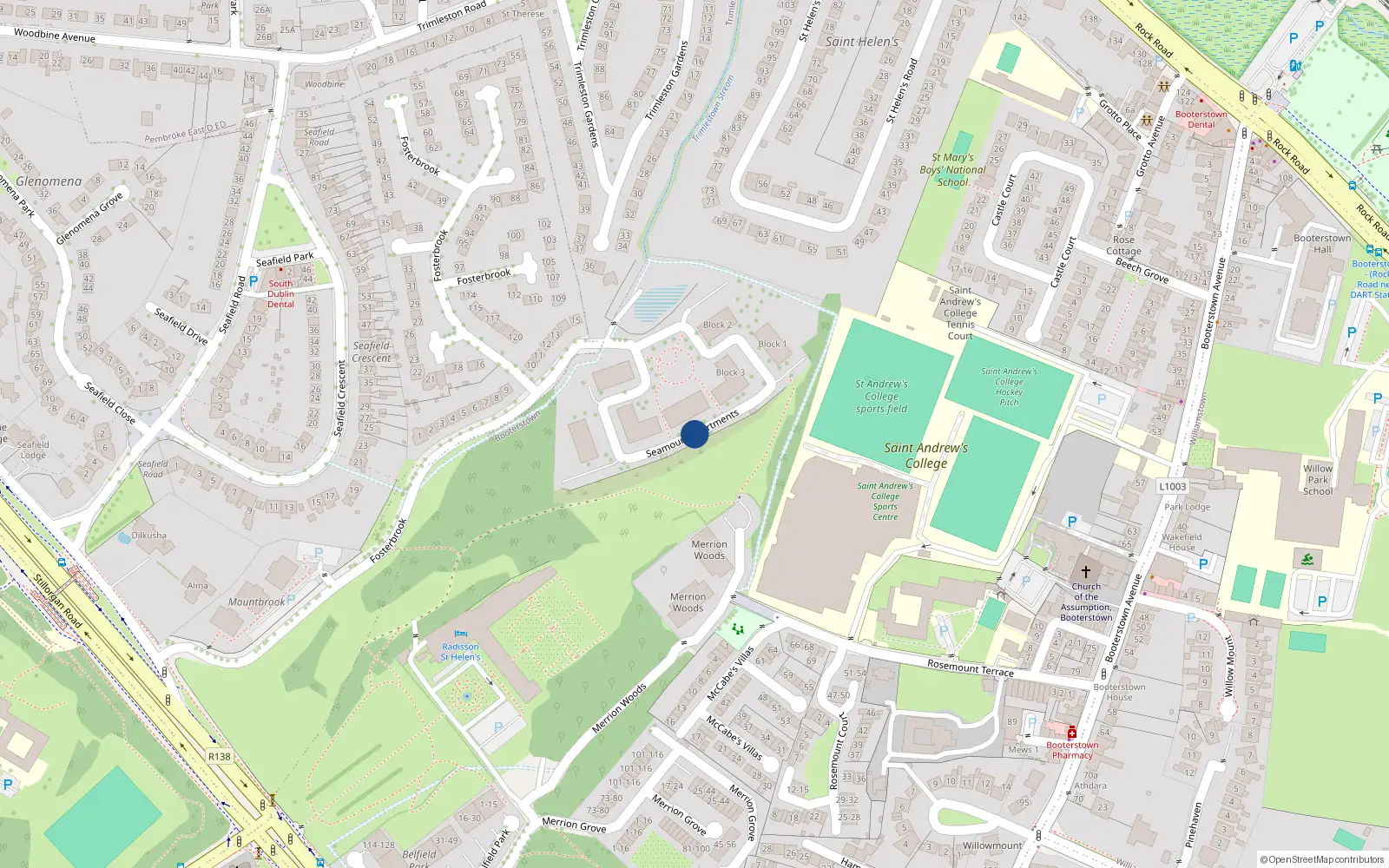 Overhead map showing the location of 35 Seamount Apartments, Booterstown