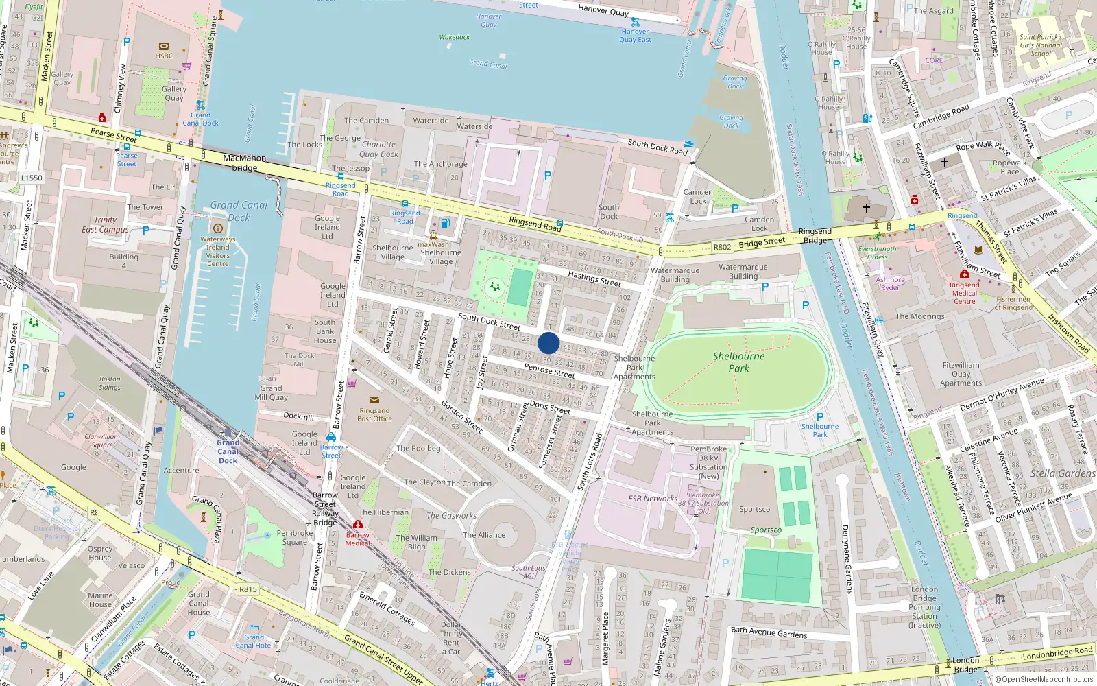 Overhead map showing the location of 35 South Dock Street, Dublin 4