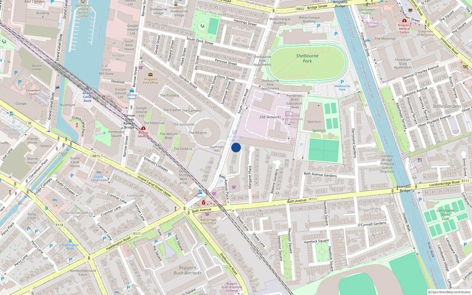 Overhead map showing the location of 35 South Lotts Road, Dublin