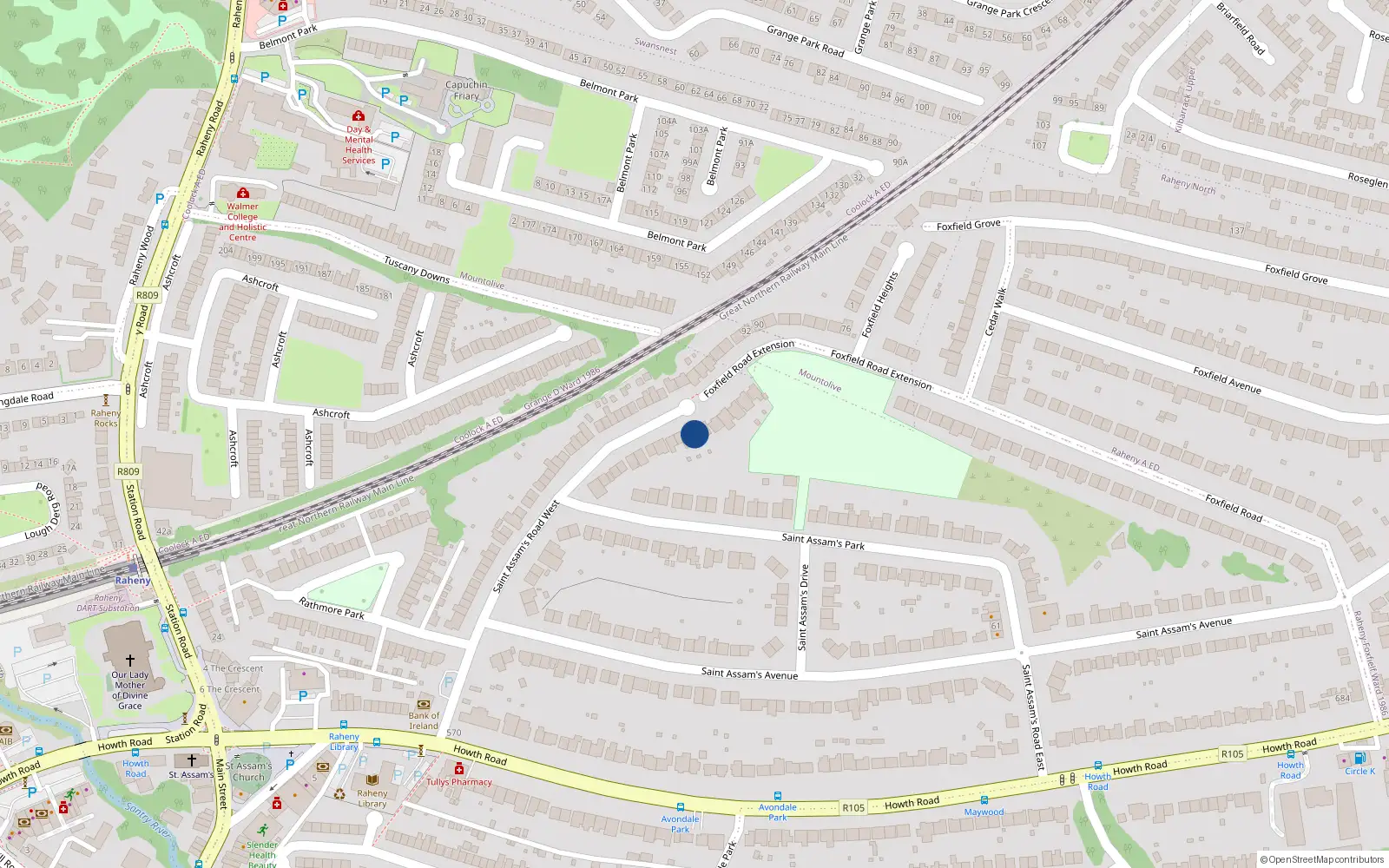 Overhead map showing the location of 35 St Assams Road West, Raheny, Dublin 5
