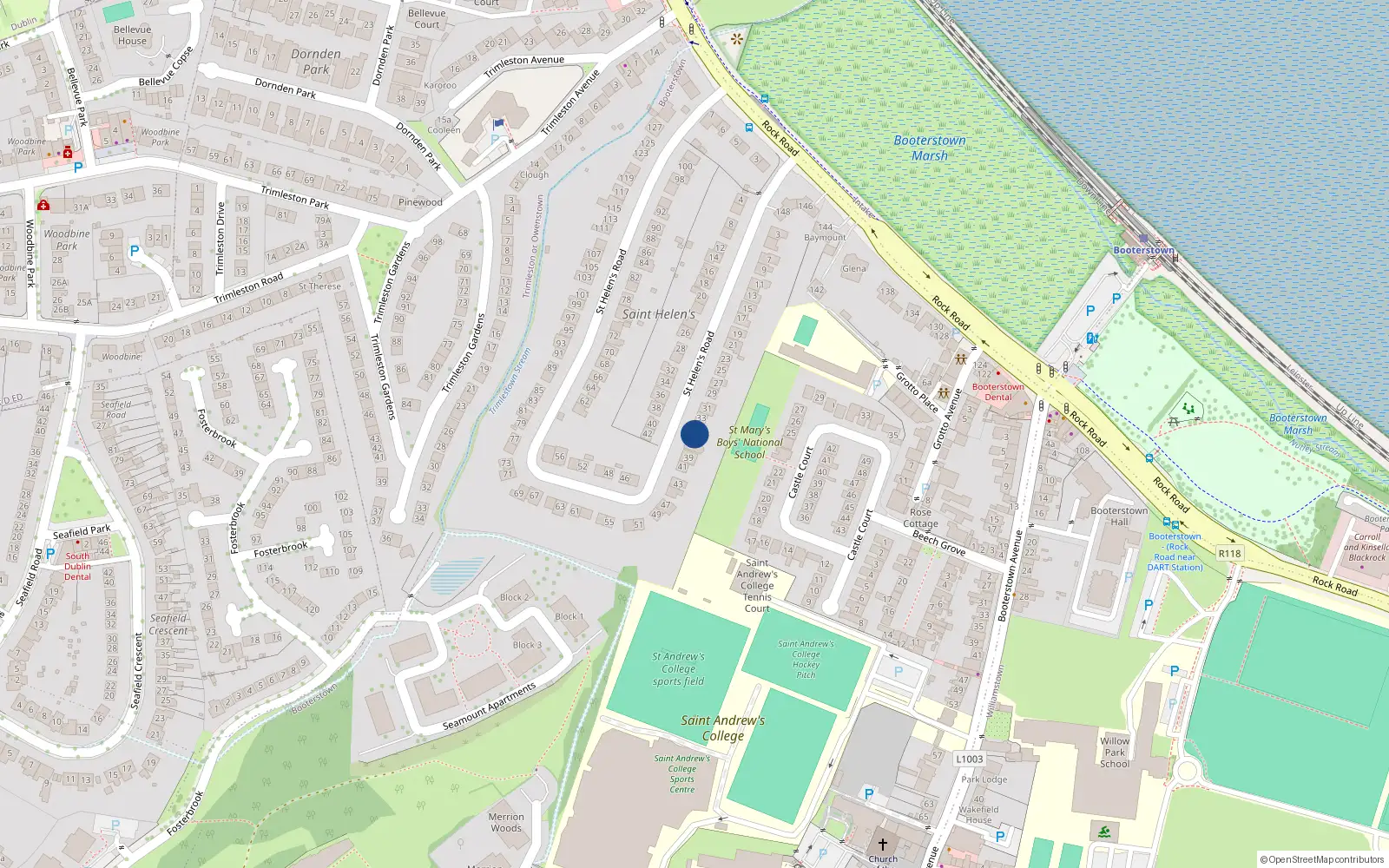 Overhead map showing the location of 35 St Helen's Road, Booterstown