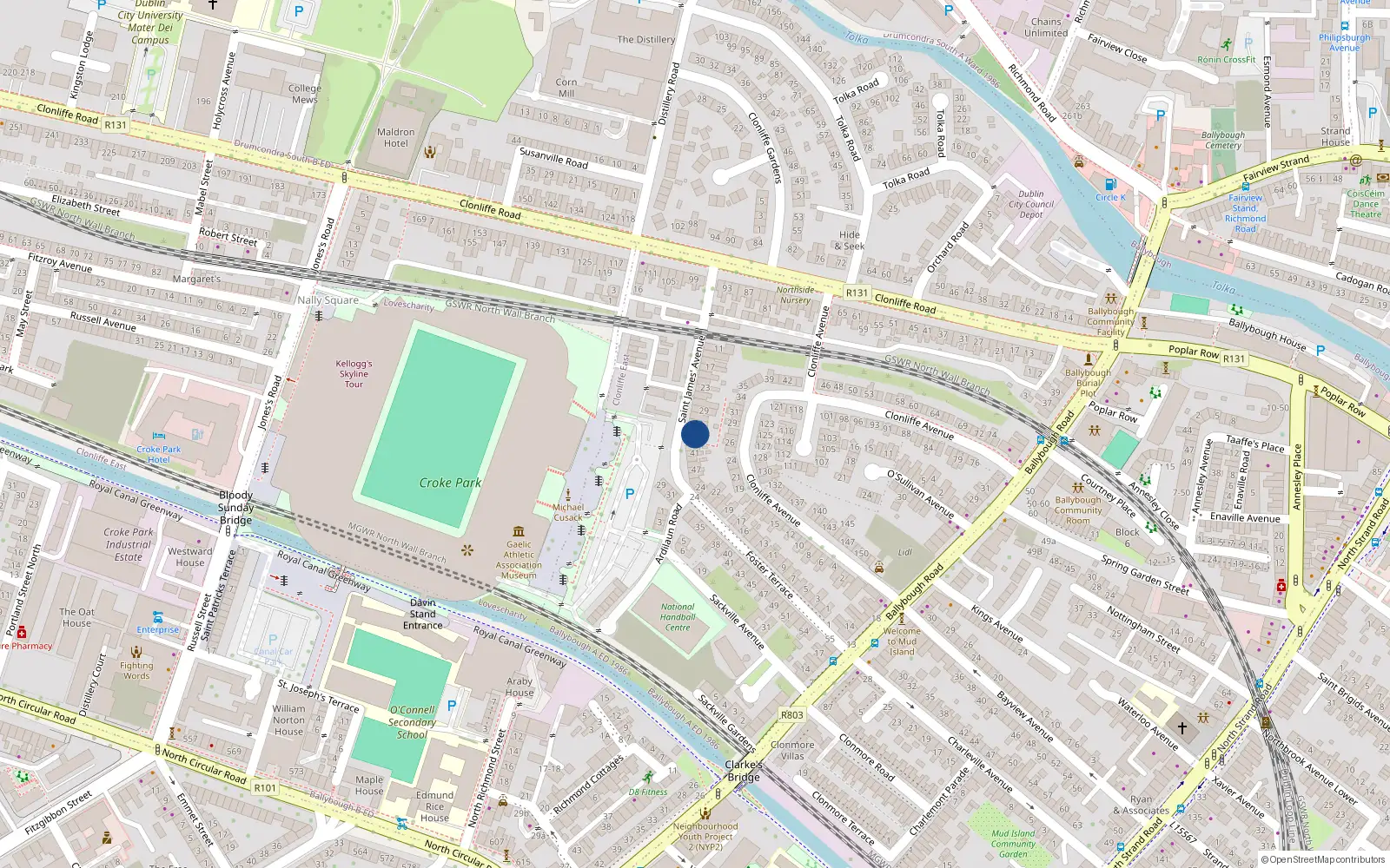 Overhead map showing the location of 35 St James Avenue, Clonliffe Road, Dublin 3