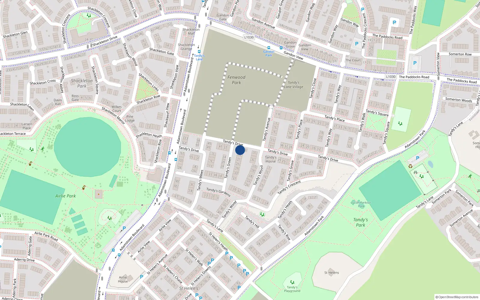 Overhead map showing the location of 35 Tandy's Drive, Adamstown, Lucan