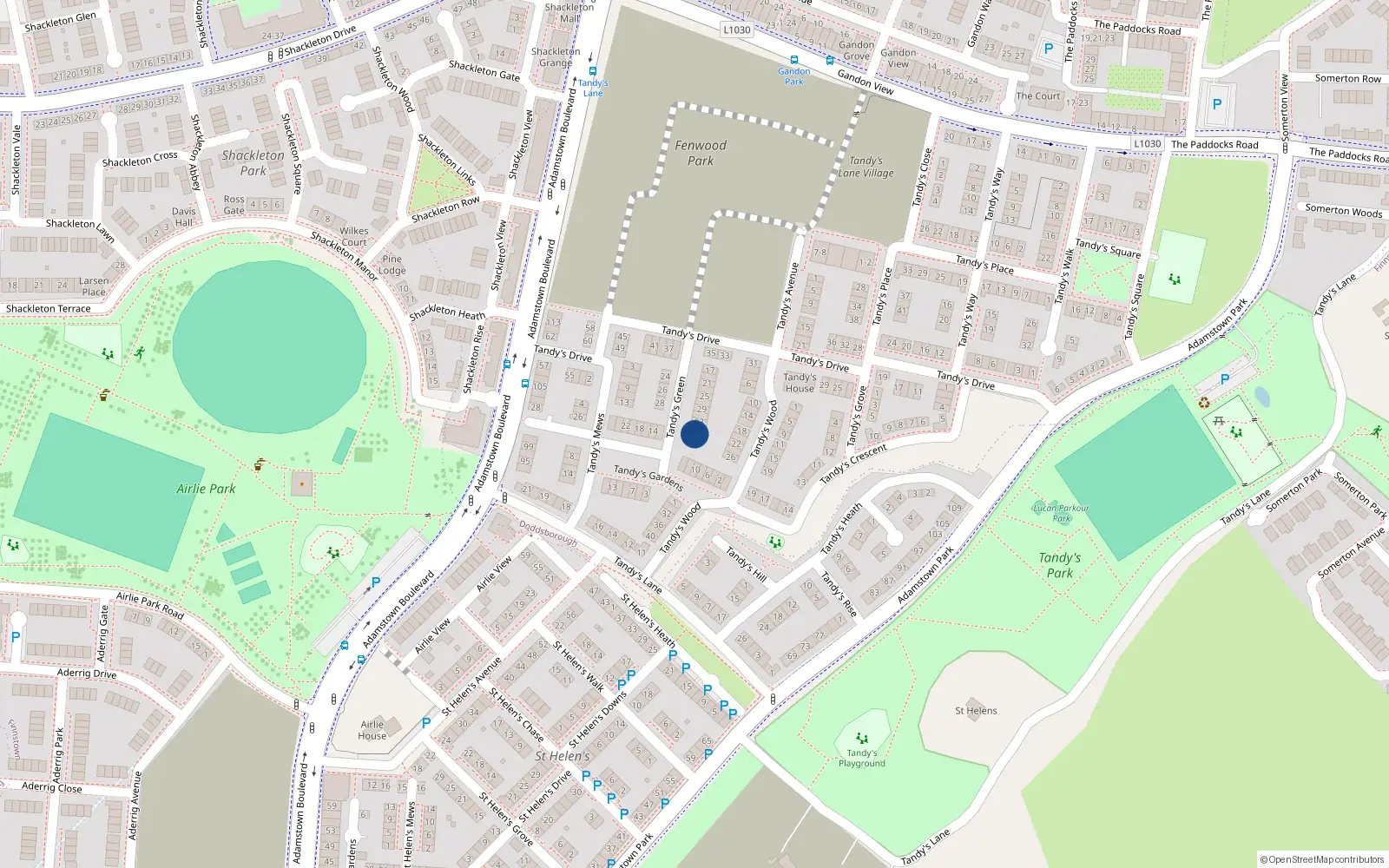 Overhead map showing the location of 35 Tandy's Green, Adamstown, Lucan