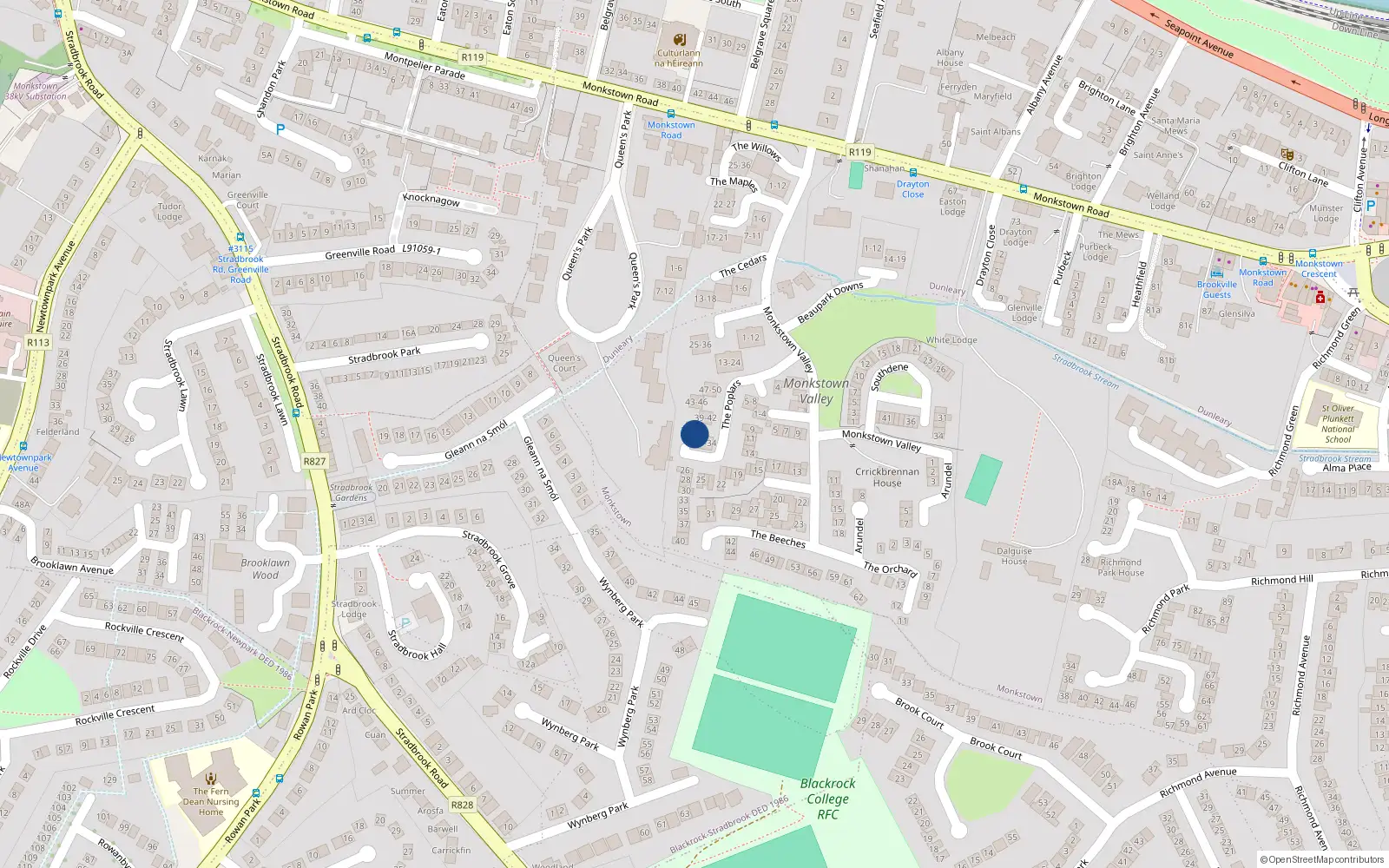 Overhead map showing the location of 35 The Poplars, Monkstown