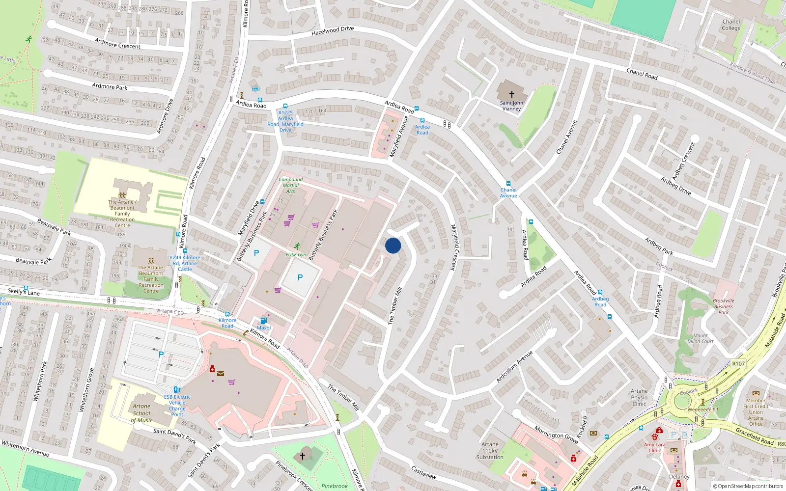 Overhead map showing the location of 35 Timbermill, Artane, Dublin 5