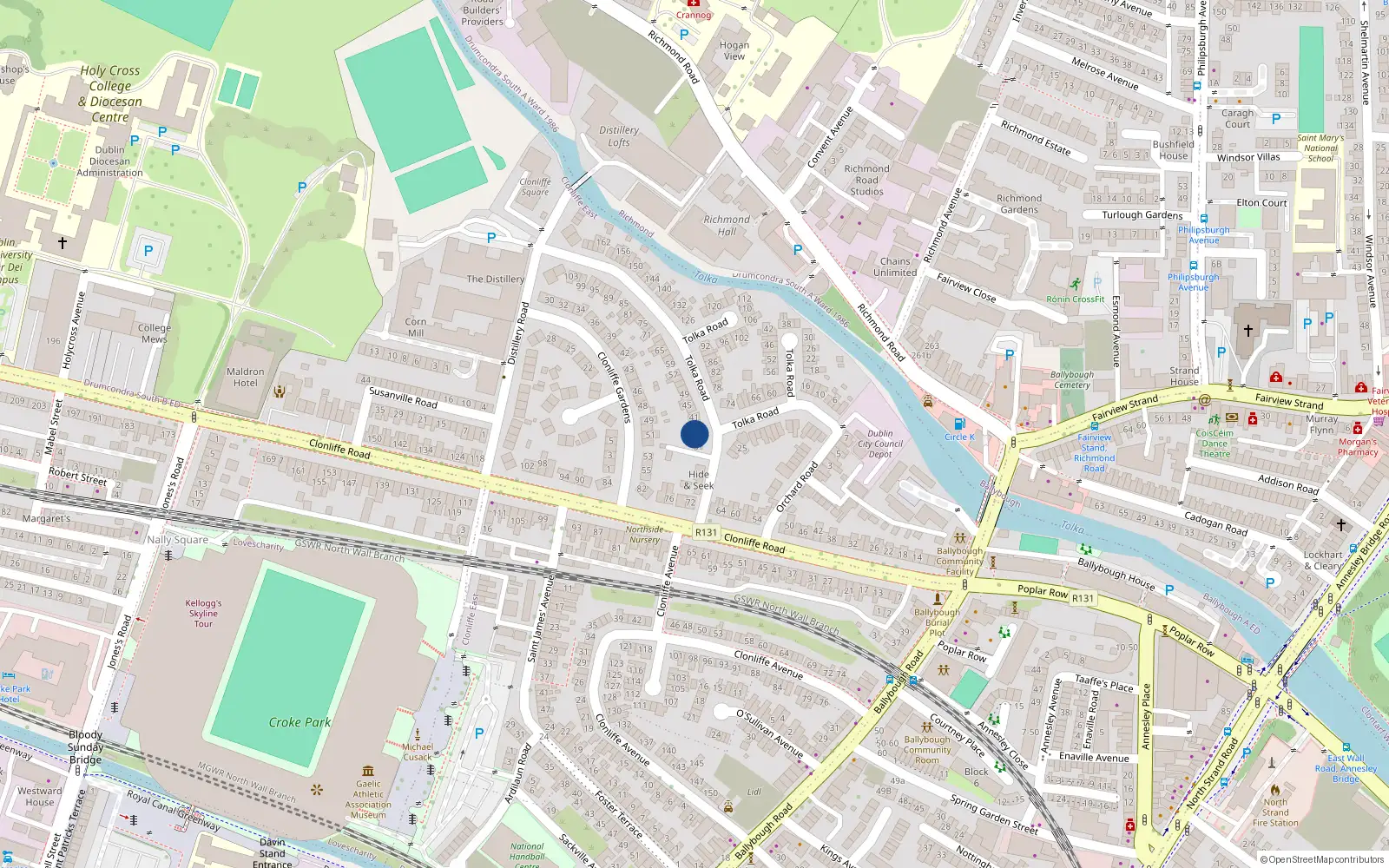 Overhead map showing the location of 35 Tolka Road, Dublin 3