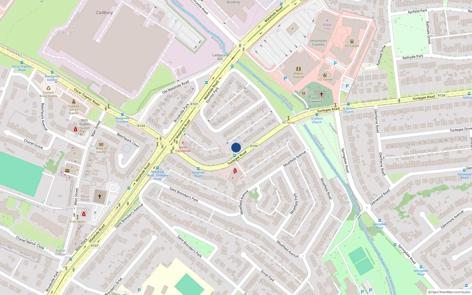 Overhead map showing the location of 35 Tonlegee Road, Coolock, Dublin 5