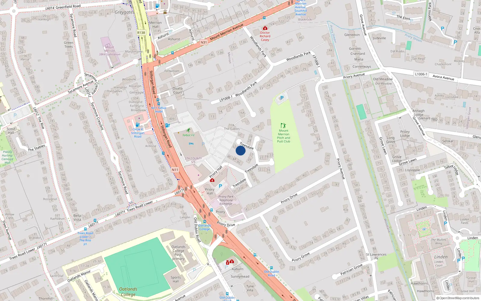Overhead map showing the location of 35 Treesdale, Blackrock, Dublin