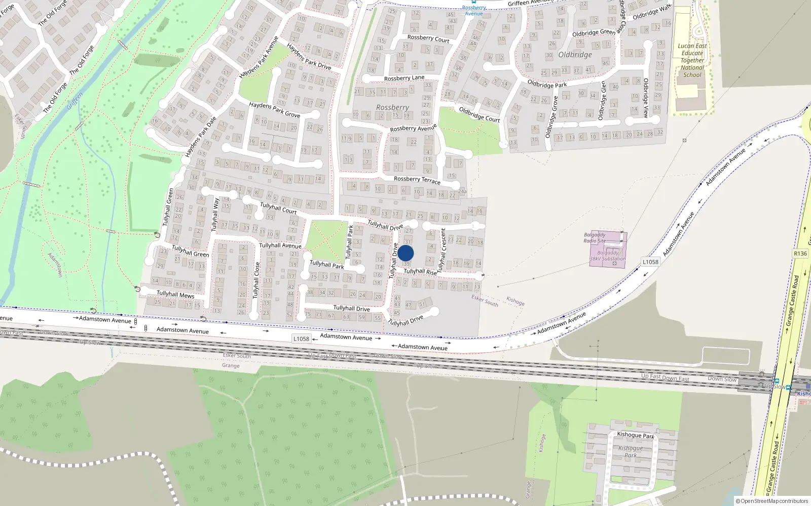 Overhead map showing the location of 35 Tullyhall Drive, Lucan, Dublin