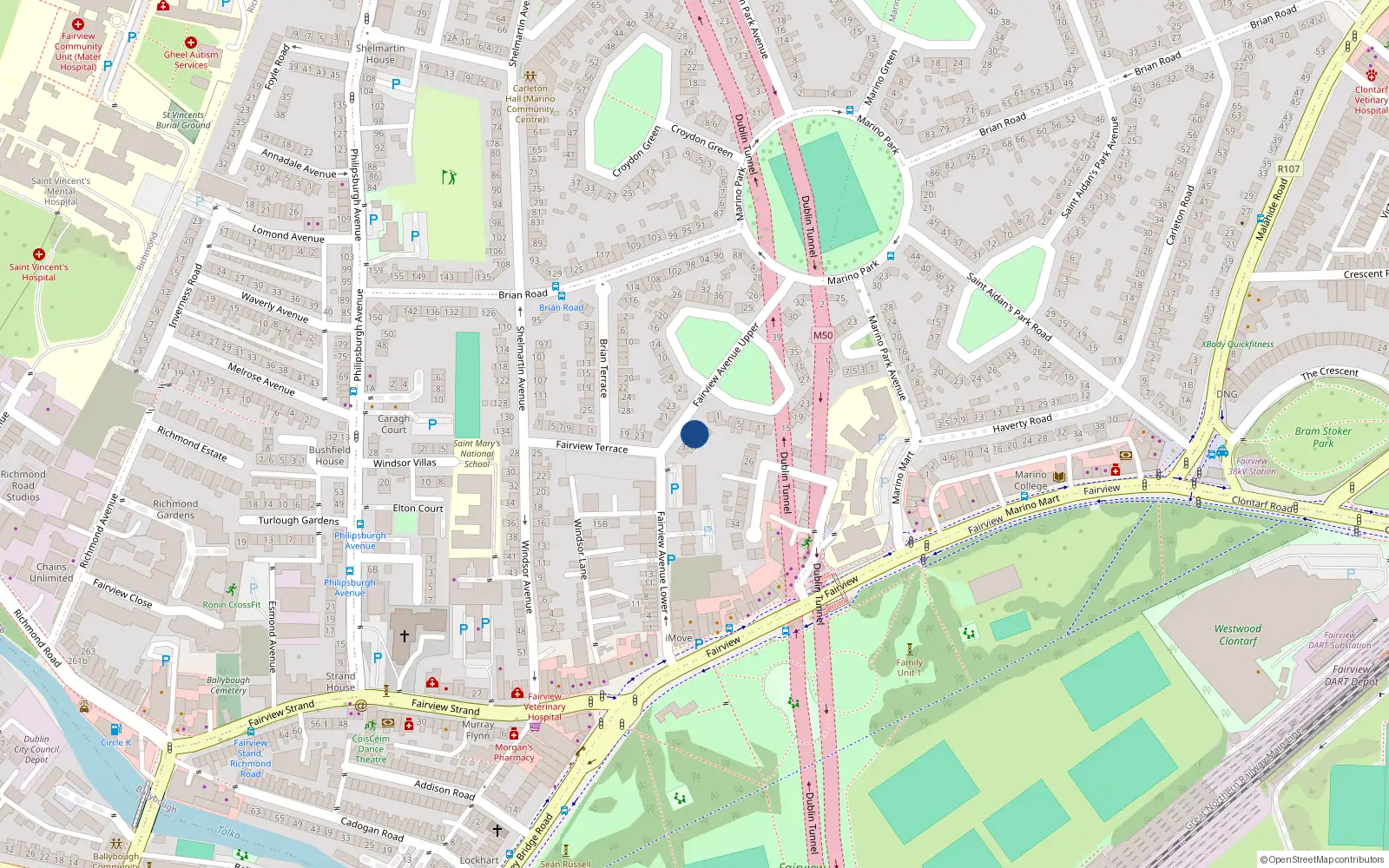 Overhead map showing the location of 35 Upper Fairview Avenue, Fairview, Dublin 3