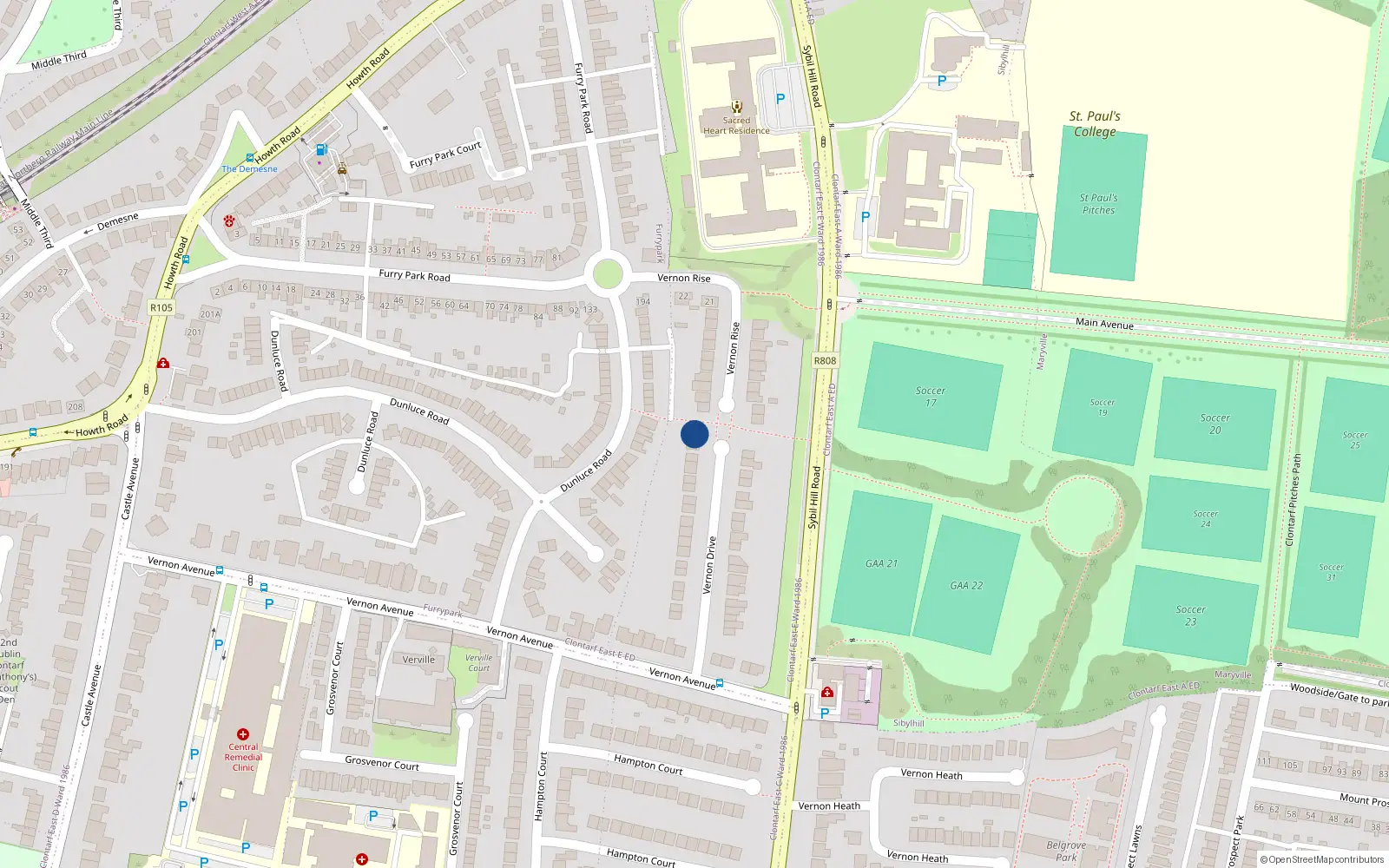 Overhead map showing the location of 35 Vernon Drive, Dublin 3