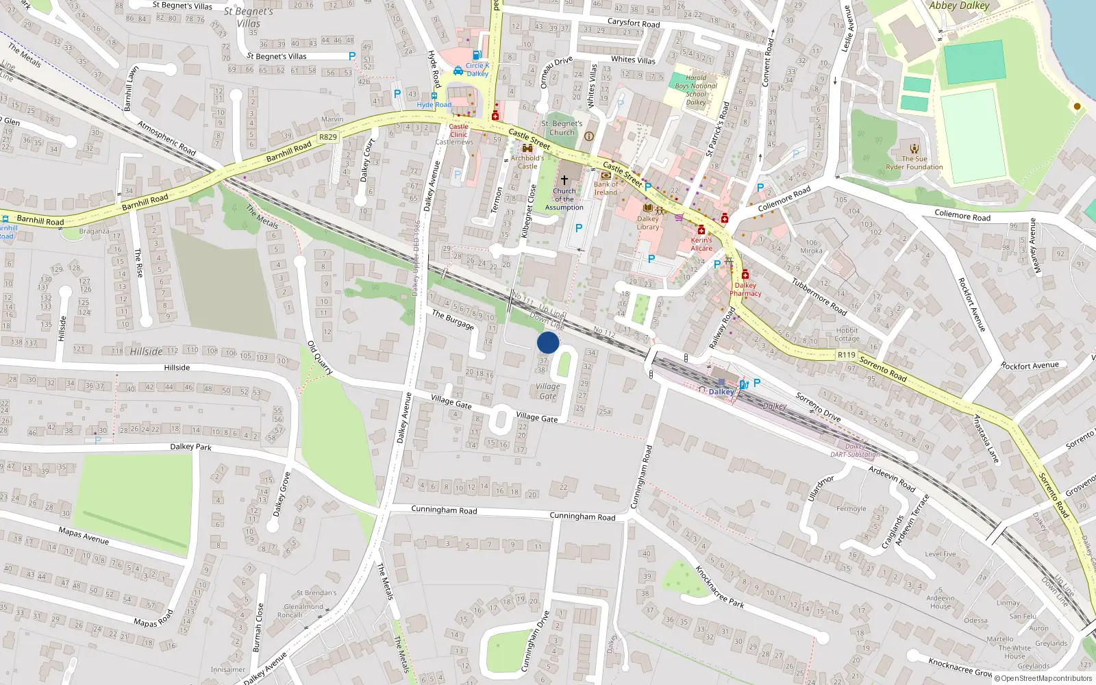 Overhead map showing the location of 35 Village Gate, Dalkey, Dublin