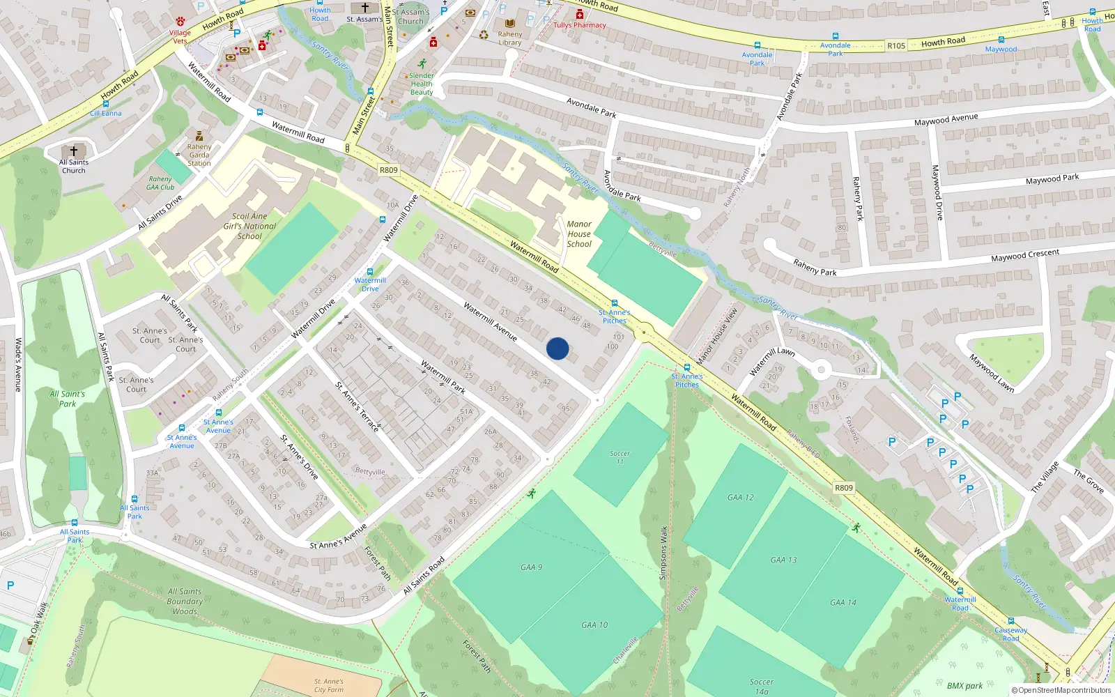 Overhead map showing the location of 35 Watermill Avenue, Dublin 5
