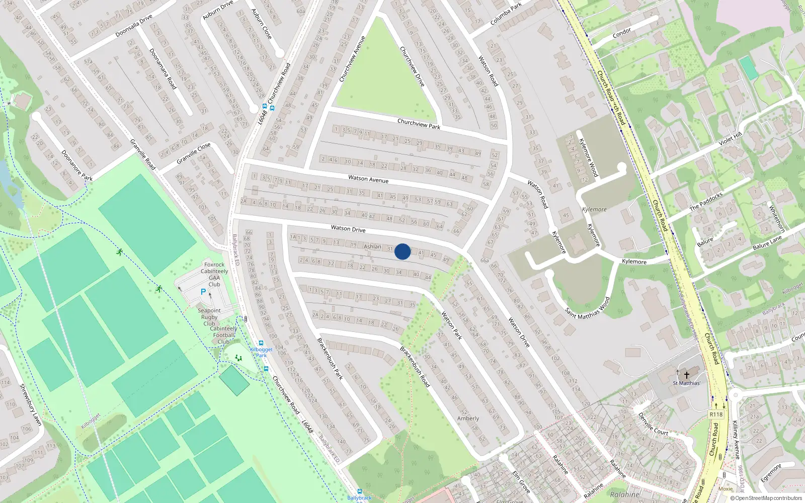 Overhead map showing the location of 35 Watson Drive, Killiney, Dublin