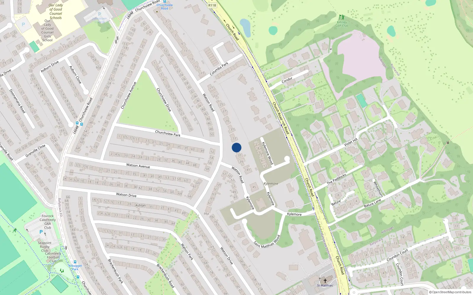 Overhead map showing the location of 35 Watson Road, Killiney