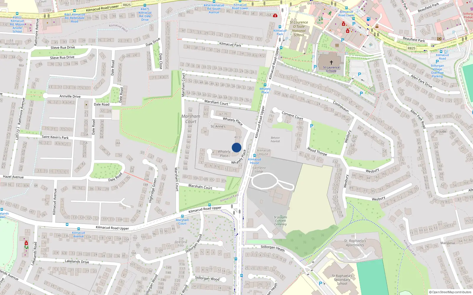 Overhead map showing the location of 35 Whatley Place, Kilmacud Road Upper, Stillorgan