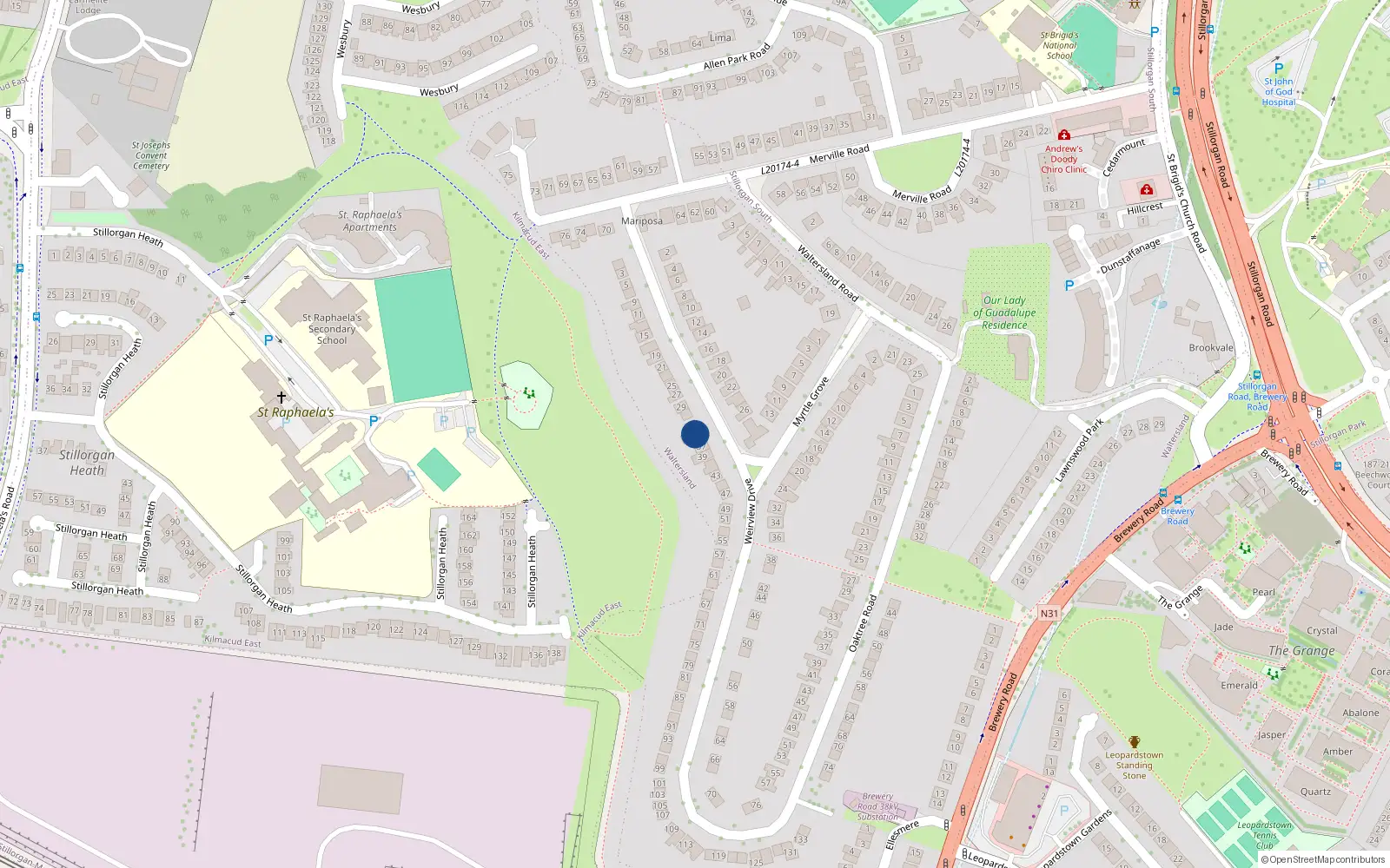 Overhead map showing the location of 35 Wierview Drive, Stillorgan, Dublin