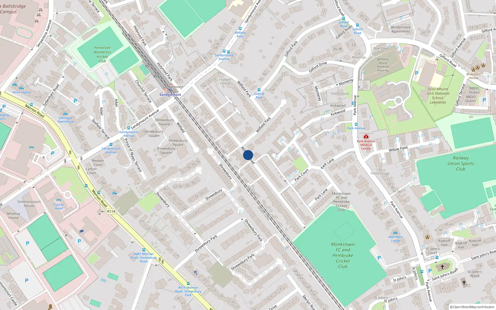 Overhead map showing the location of 35 Wilfield Road, Sandymount