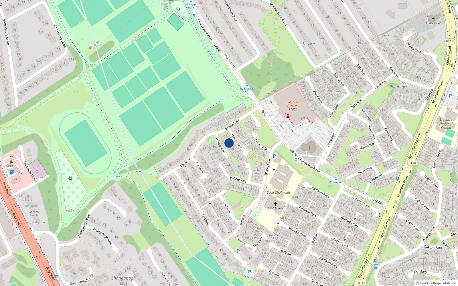 Overhead map showing the location of 35 Willow Vale, Ballybrack