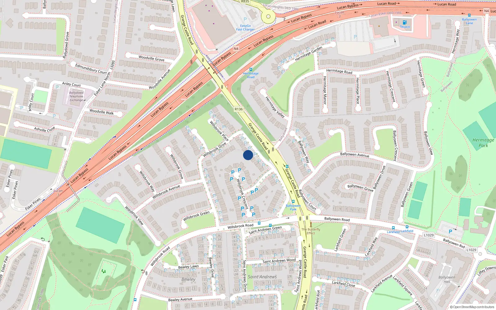 Overhead map showing the location of 35 Willsbrook Drive, Lucan, Dublin