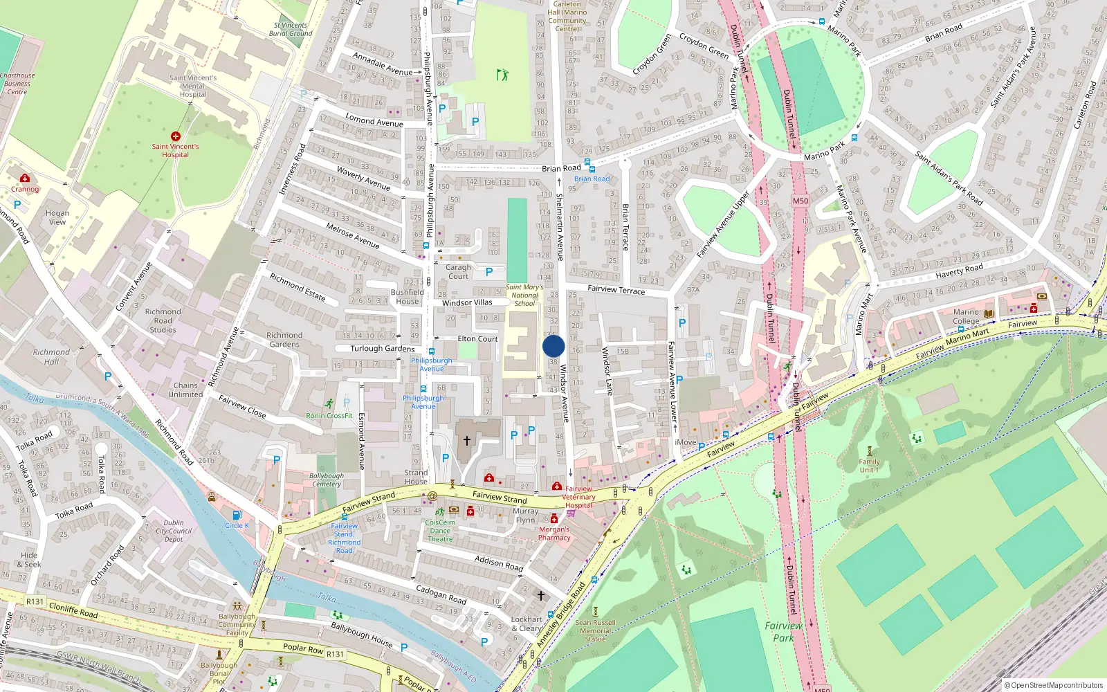 Overhead map showing the location of 35 Windsor Avenue, Fairview Dublin 3, Dublin