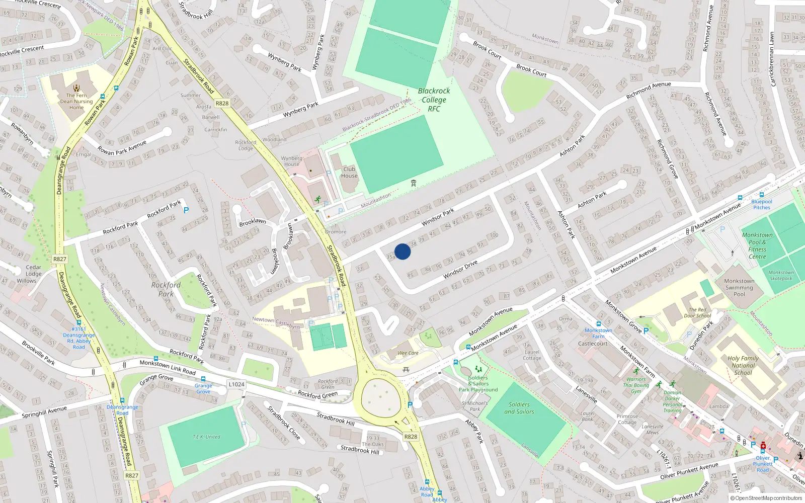 Overhead map showing the location of 35 Windsor Park, Monkstown