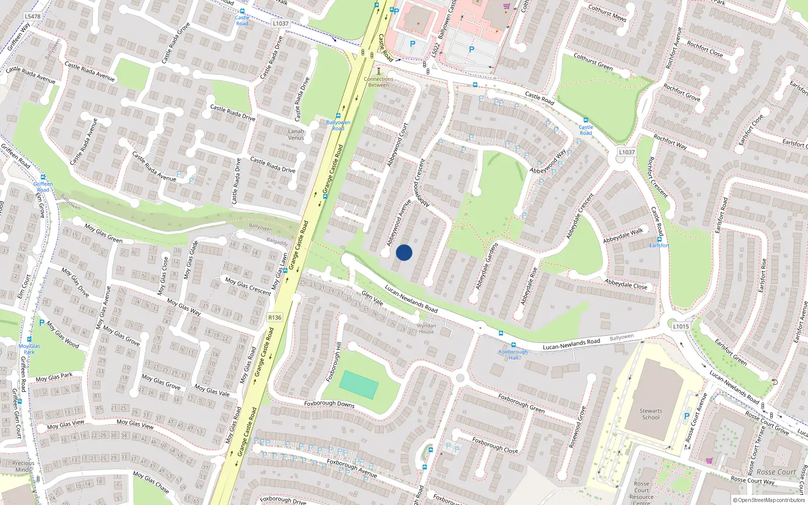 Overhead map showing the location of 36 Abbeywood Avenue, Lucan