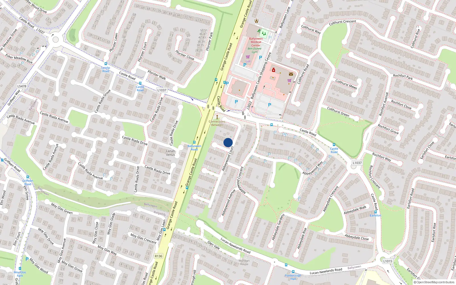 Overhead map showing the location of 36 Abbeywood Court, Lucan, Dublin