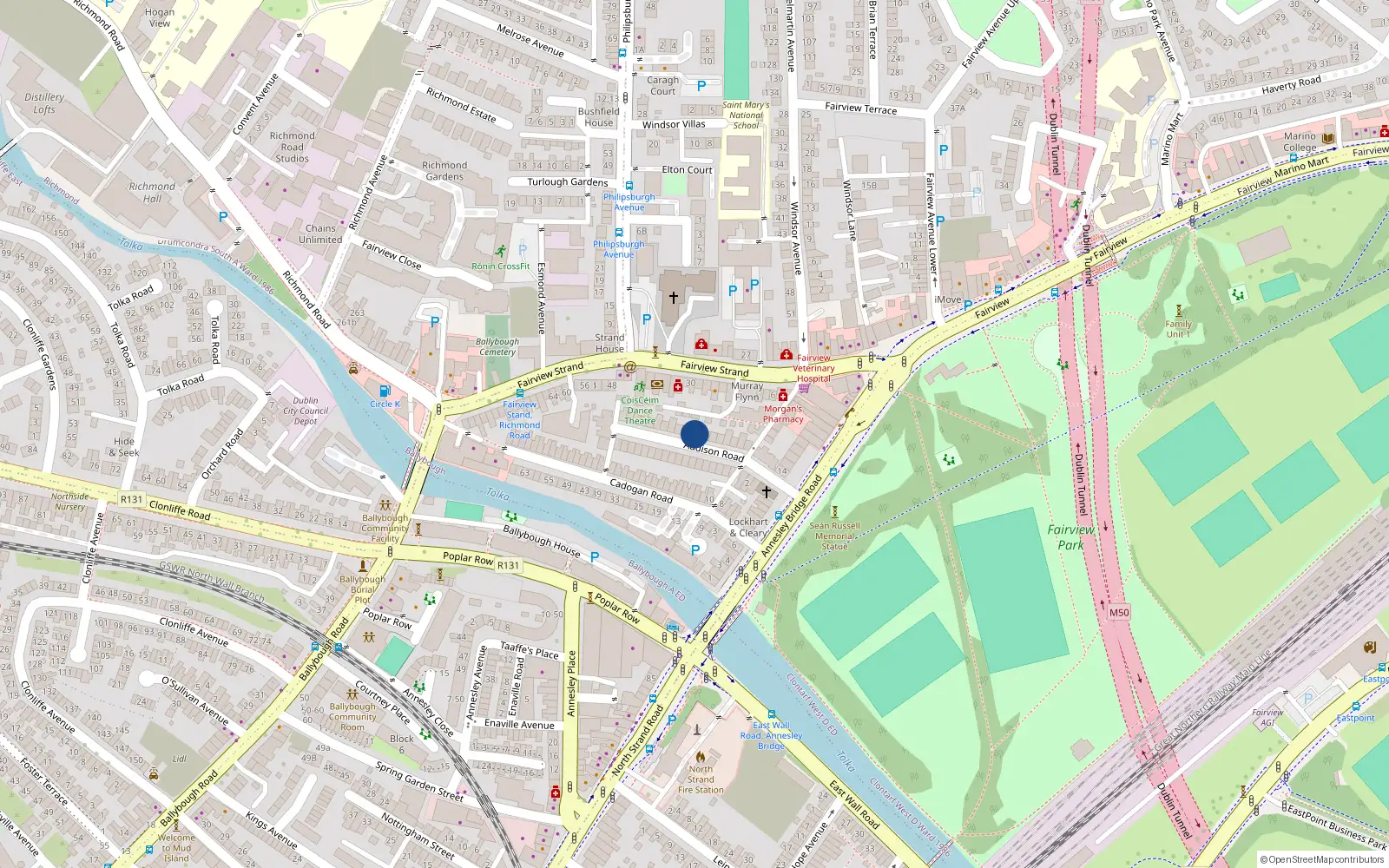 Overhead map showing the location of 36 Addison Road, Fairview, Dublin 3