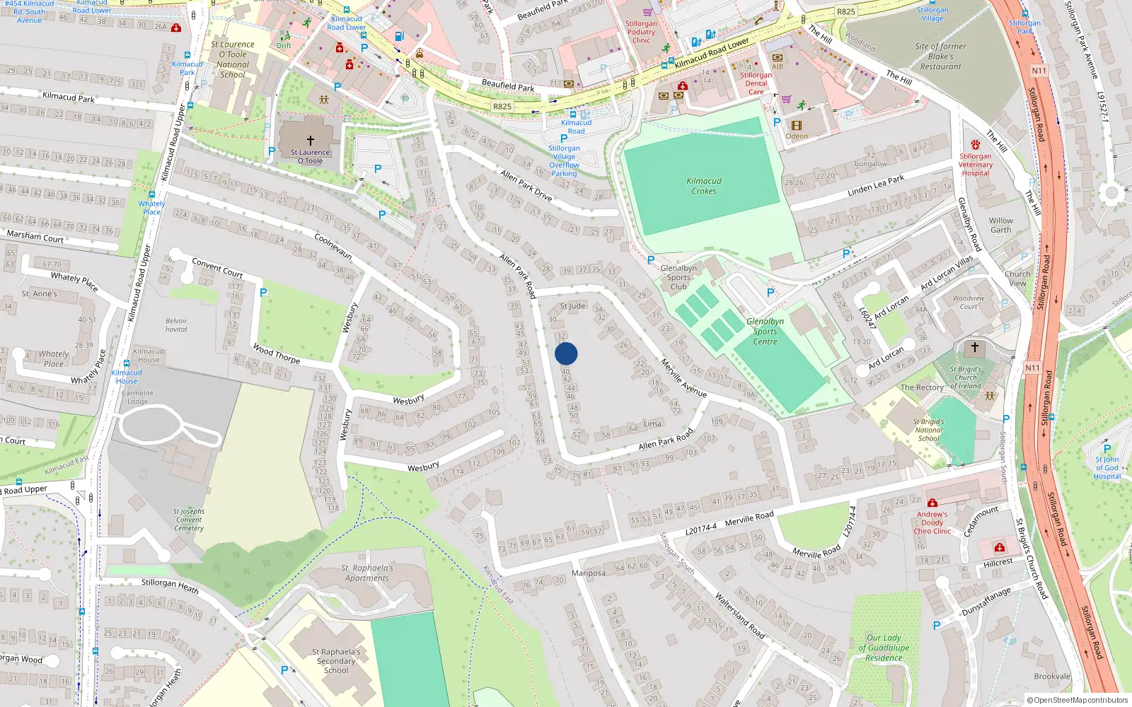 Overhead map showing the location of 36 Allen Park Road, Dublin