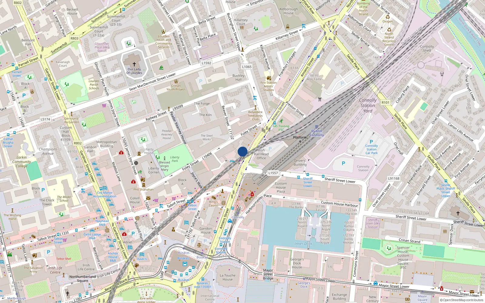 Overhead map showing the location of 36 Amiens Street, Dublin 1