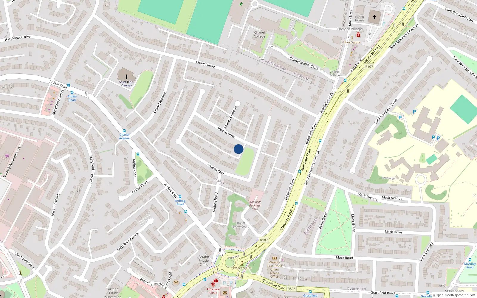 Overhead map showing the location of 36 Ardbeg Drive, Dublin 5