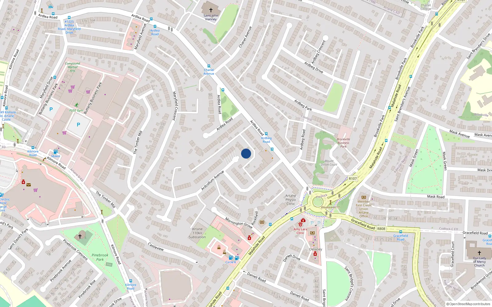 Overhead map showing the location of 36 Ardcollum Avenue, Dublin 5