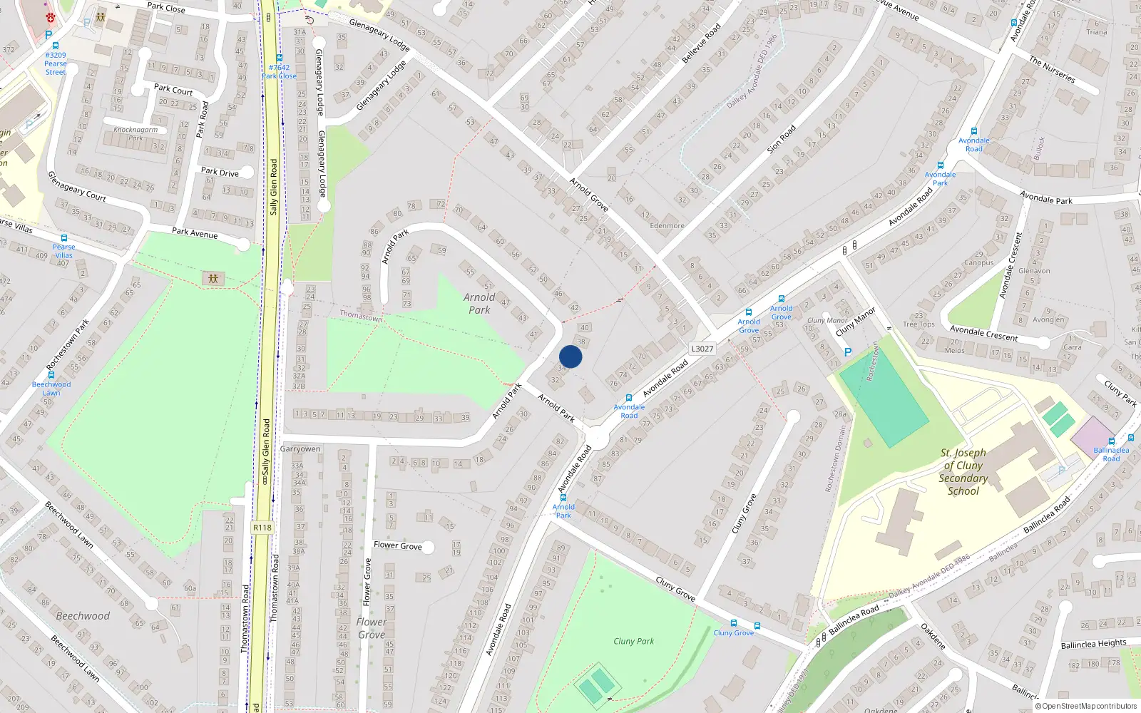 Overhead map showing the location of 36 Arnold Park, Glenageary, Dublin