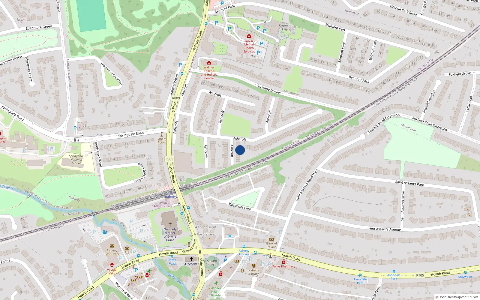 Overhead map showing the location of 36 Ashcroft, Dublin 5