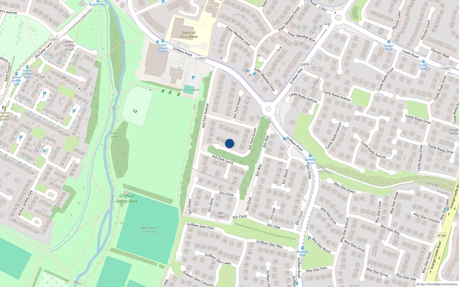 Overhead map showing the location of 36 Ashpark Grove, Lucan, Dublin