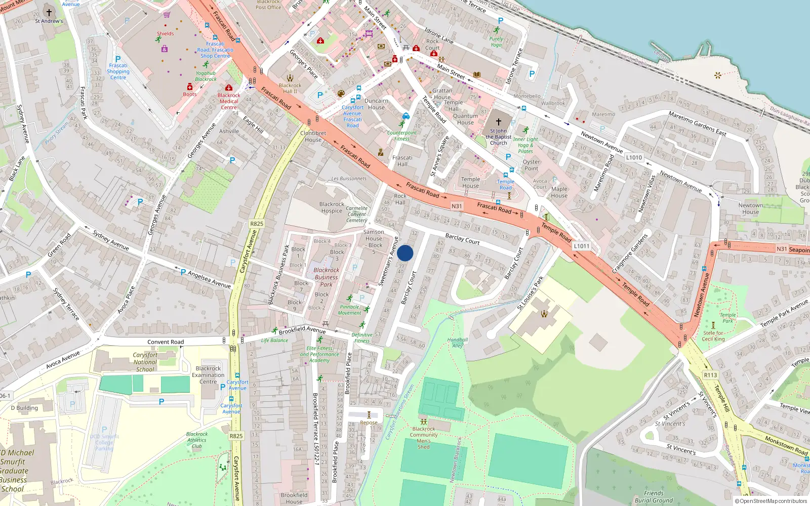 Overhead map showing the location of 36 Barclay Court, Blackrock, Dublin