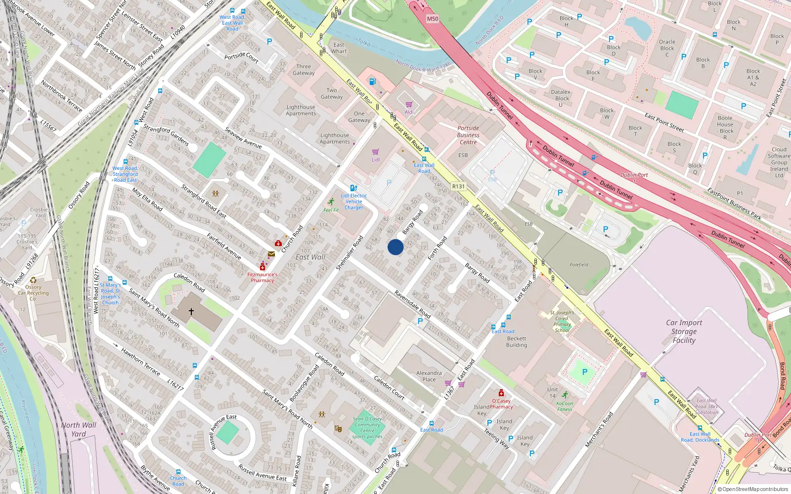 Overhead map showing the location of 36 Bargy Road, Dublin 3