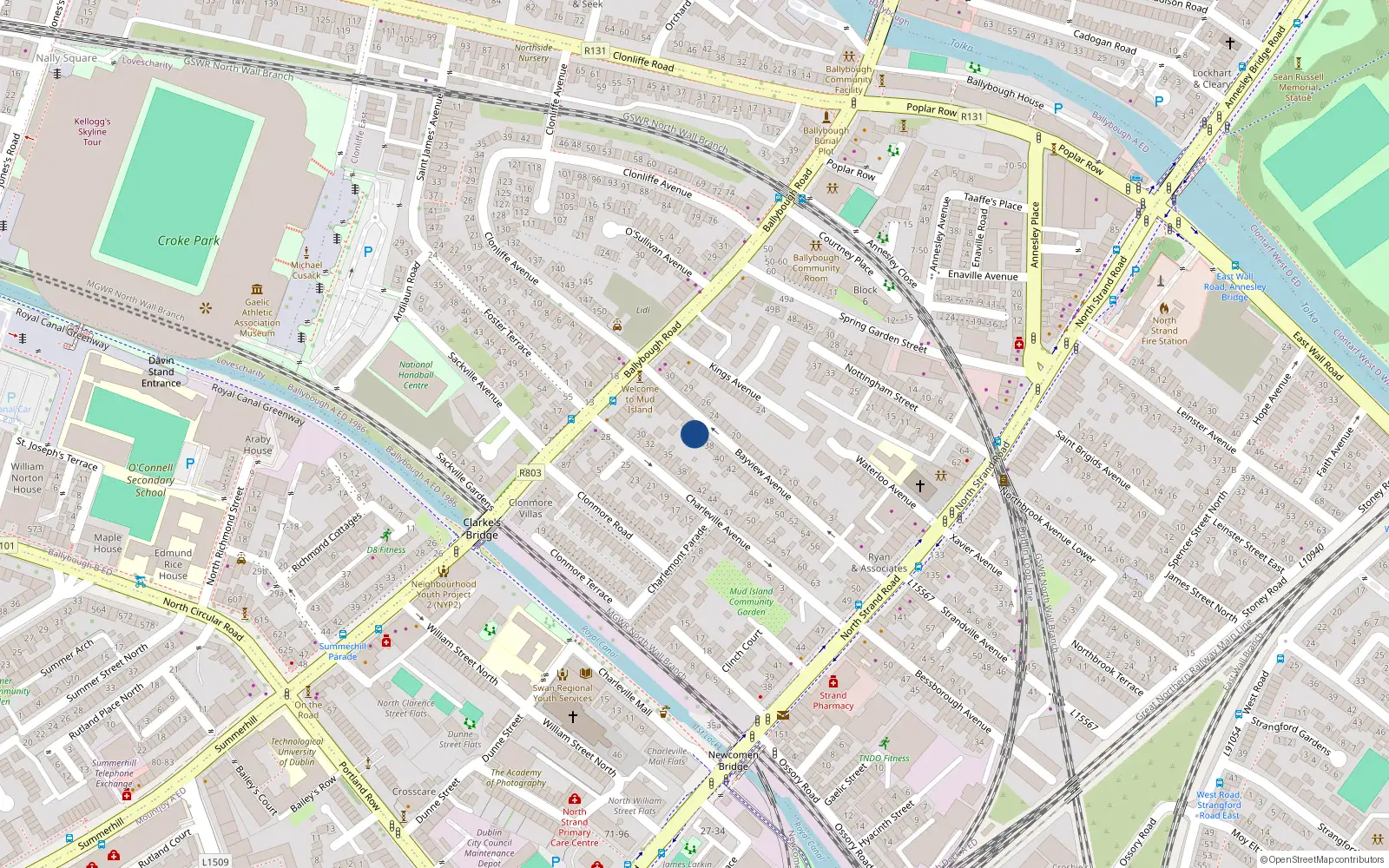 Overhead map showing the location of 36 Bayview Avenue, North Strand, Dublin 3