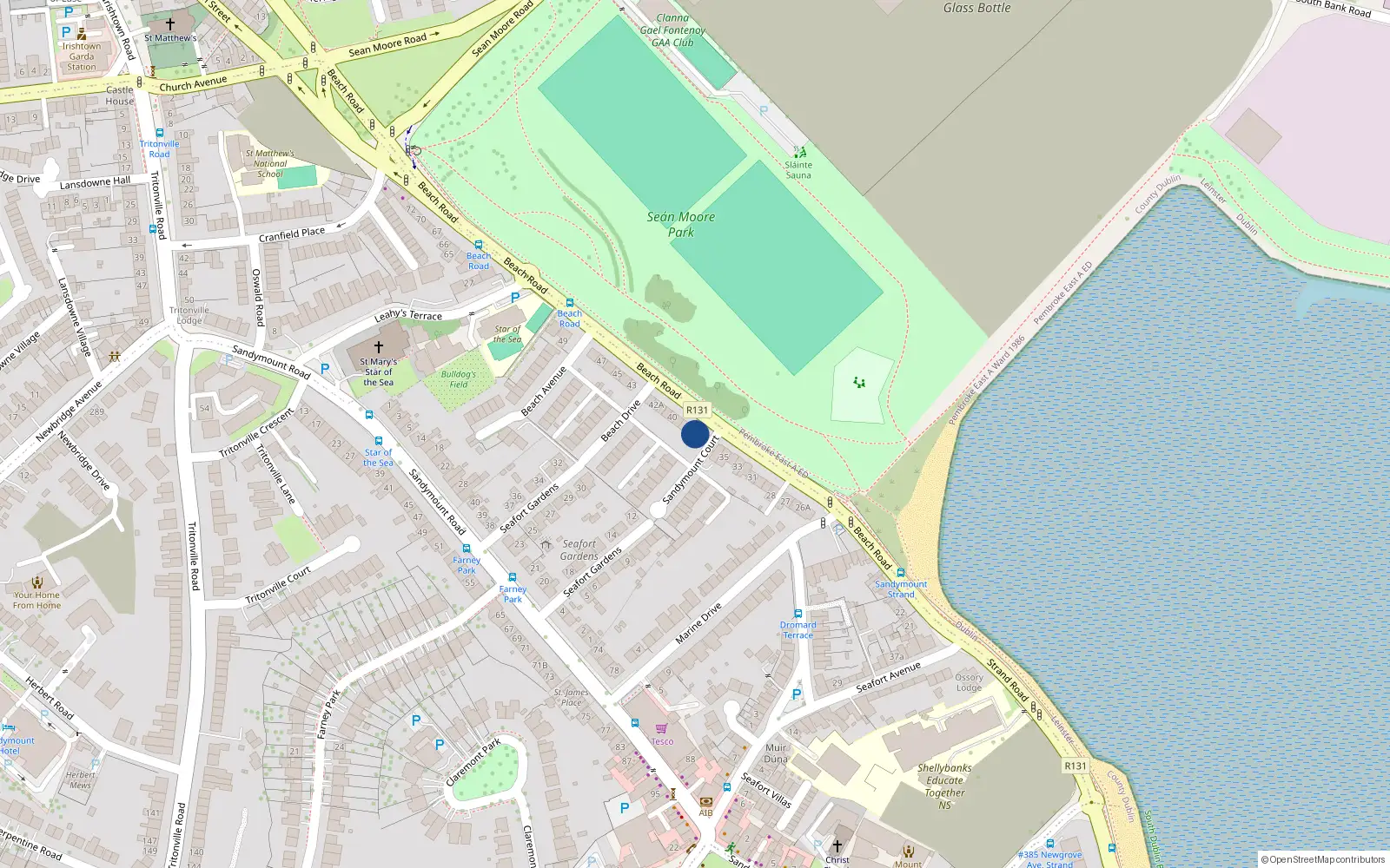 Overhead map showing the location of 36 Beach Road, Sandymount