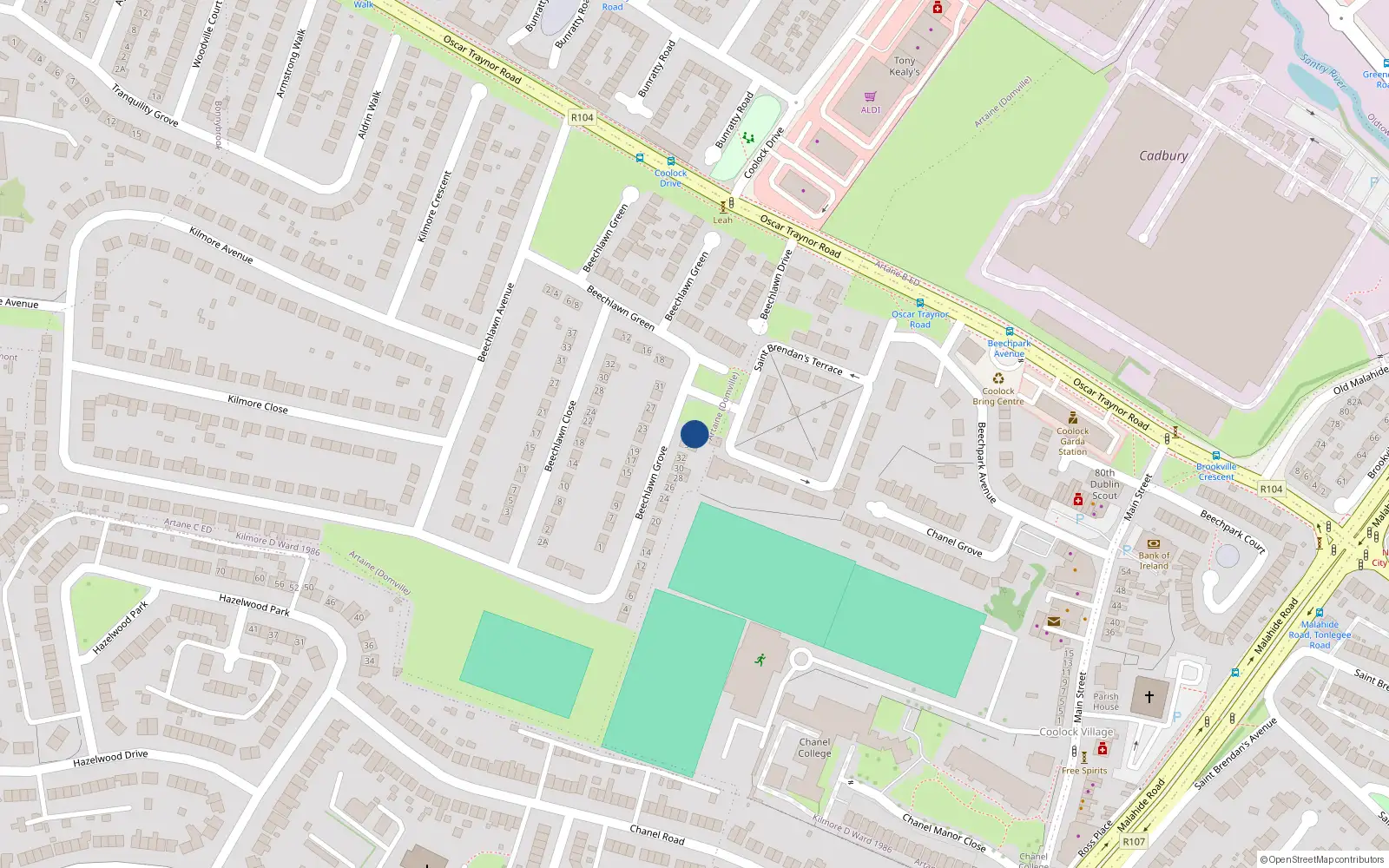 Overhead map showing the location of 36 Beechlawn Grove, Dublin 5
