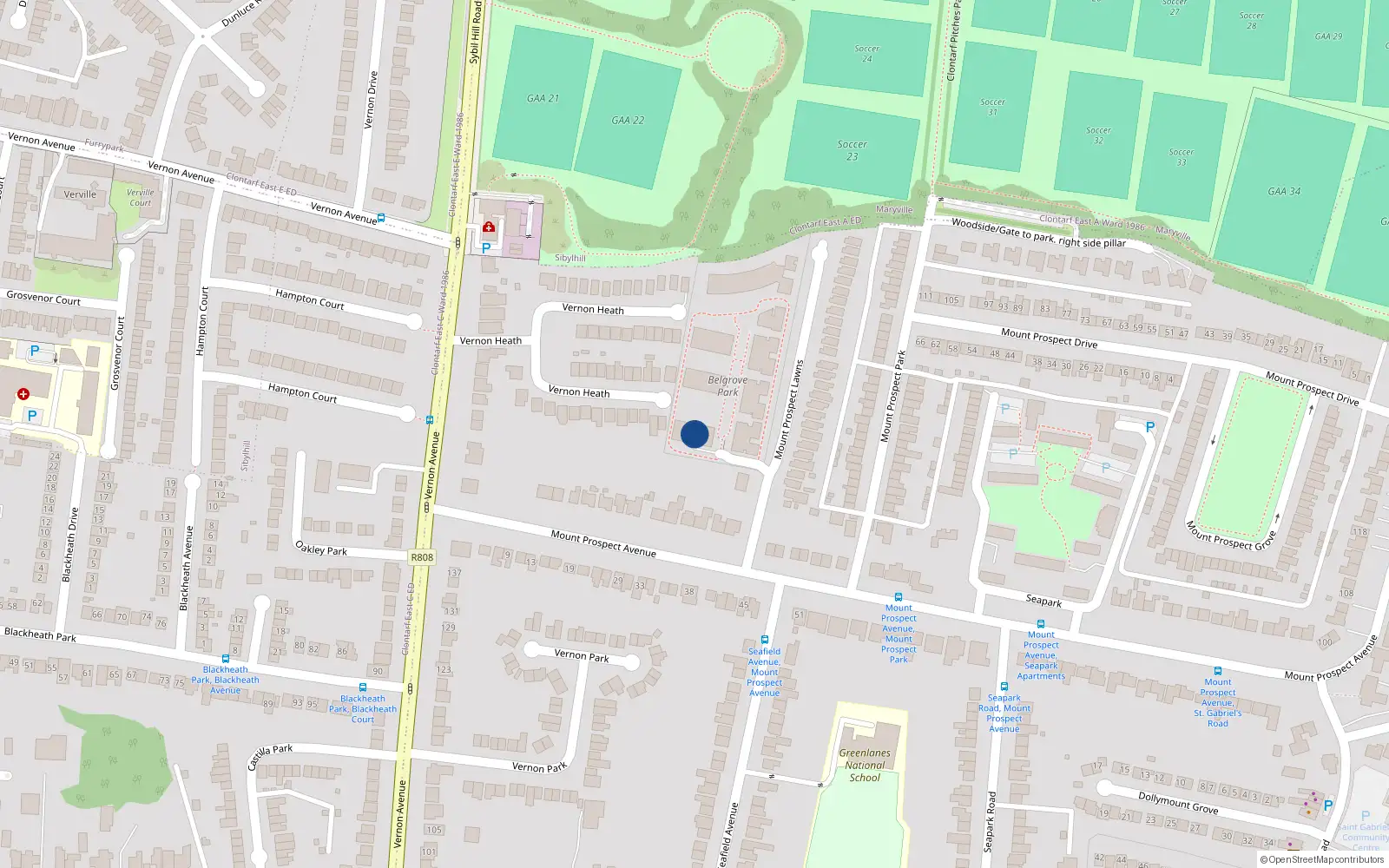 Overhead map showing the location of 36 Belgrove Park, Mount Prospect Lawns, Clontarf Dublin 3
